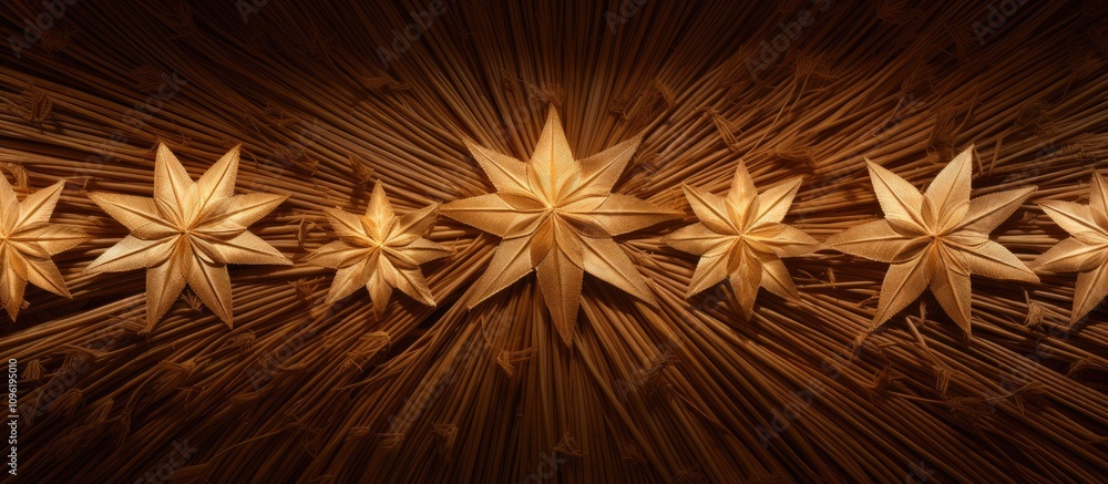 Poster straw stars forming an elegant background illuminated by soft sunlight creating a warm and inviting 