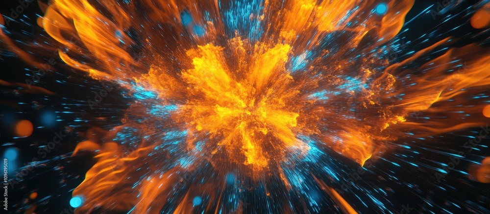 Poster vibrant orange and blue firework explosion creating an energetic visual effect in a dynamic square f