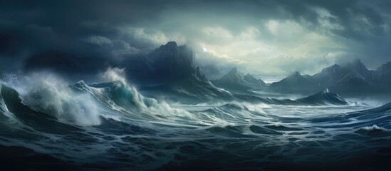 Dark turbulent waves crashing against rocky shore at twilight with dramatic clouds and a distant mountain backdrop in a serene landscape.