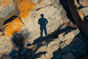 Obraz premium Hiker shadow cast on a rocky surface