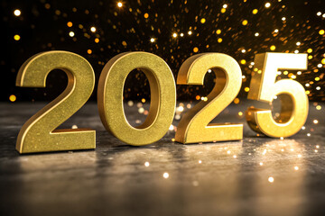Golden 3D Numerals 2025 on a Sparkling Background with Shimmering Confetti for Festive and Elegant Celebrations