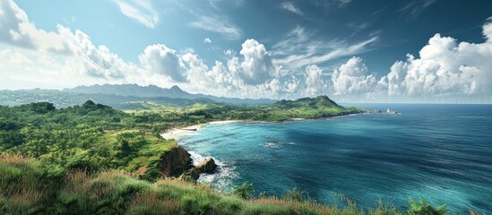 Fototapeta premium Scenic coastal landscape of a northern island showcasing lush greenery and dramatic skies above the tranquil ocean waters