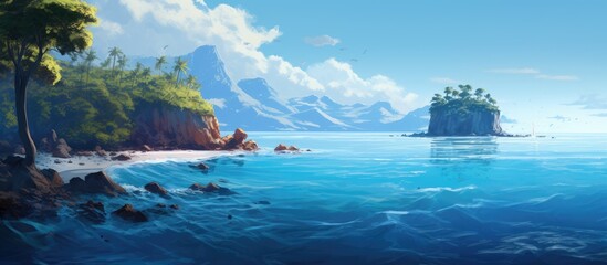 Fototapeta premium Tranquil blue waters surrounded by lush greenery on a serene tropical island landscape with distant mountains and clear skies