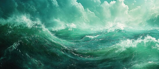 Fototapeta premium Majestic emerald waves crashing under a dramatic sky showcasing the beauty of the ocean's power and tranquility.