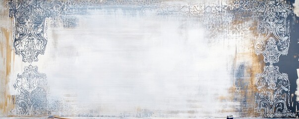 A textured wall with a faded ornate border in blue and white tones.
