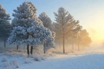 Fototapeta premium Snow covered trees in winter forest at golden hour sunrise