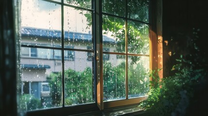 Rainy day window with wet drops clinging and streaming down, realistic reflections
