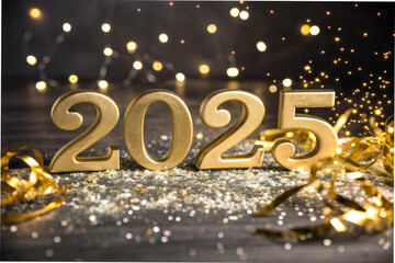 Golden 3D Numerals 2025 on a Sparkling Background with Shimmering Confetti for Festive and Elegant Celebrations