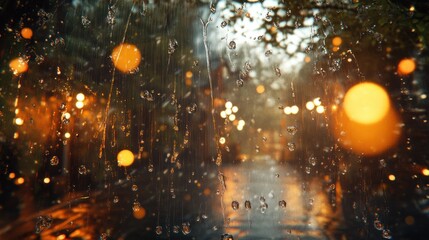 Rainy glass window with realistic 3D streams and bubble details during a storm