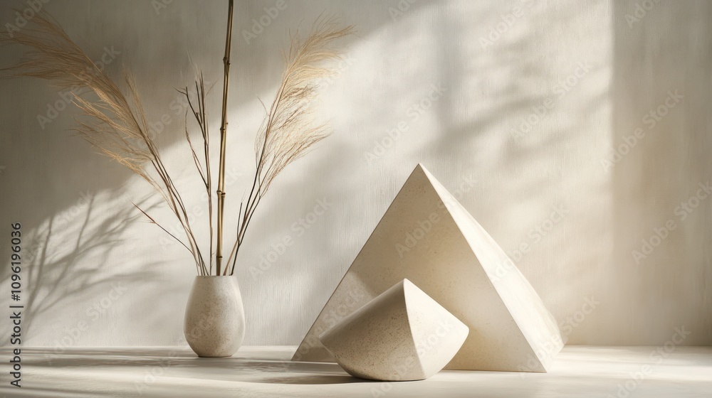 Aufkleber a serene composition of geometric shapes and dried plants in soft lighting.