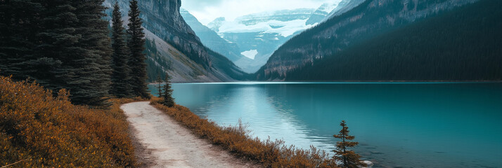 Lake mountain side with trail