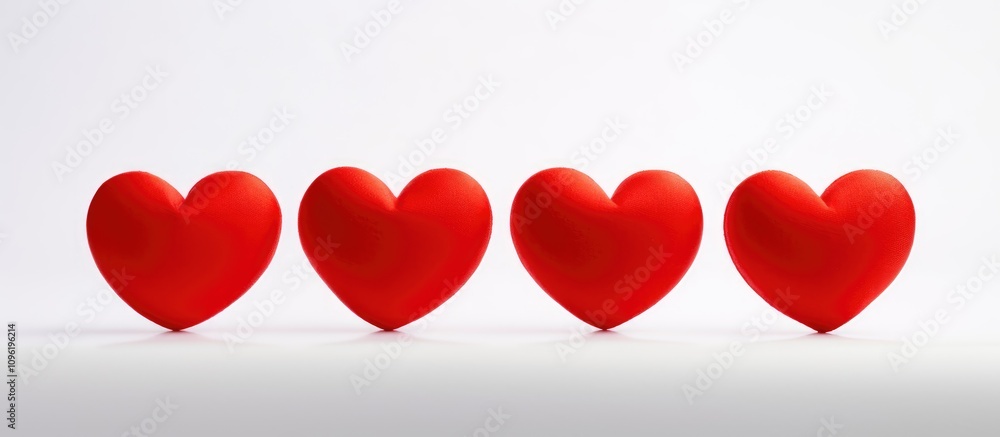 Poster Four glossy red hearts arranged in a row on a clean white background representing love and affection in a minimalist style