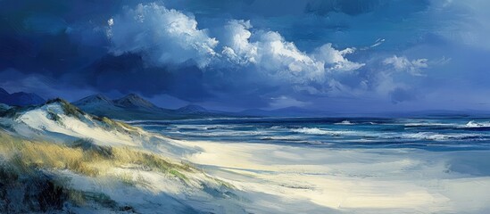 Coastal view of majestic sand dunes under dramatic clouds with ocean waves in the background showcasing nature's beauty and tranquility
