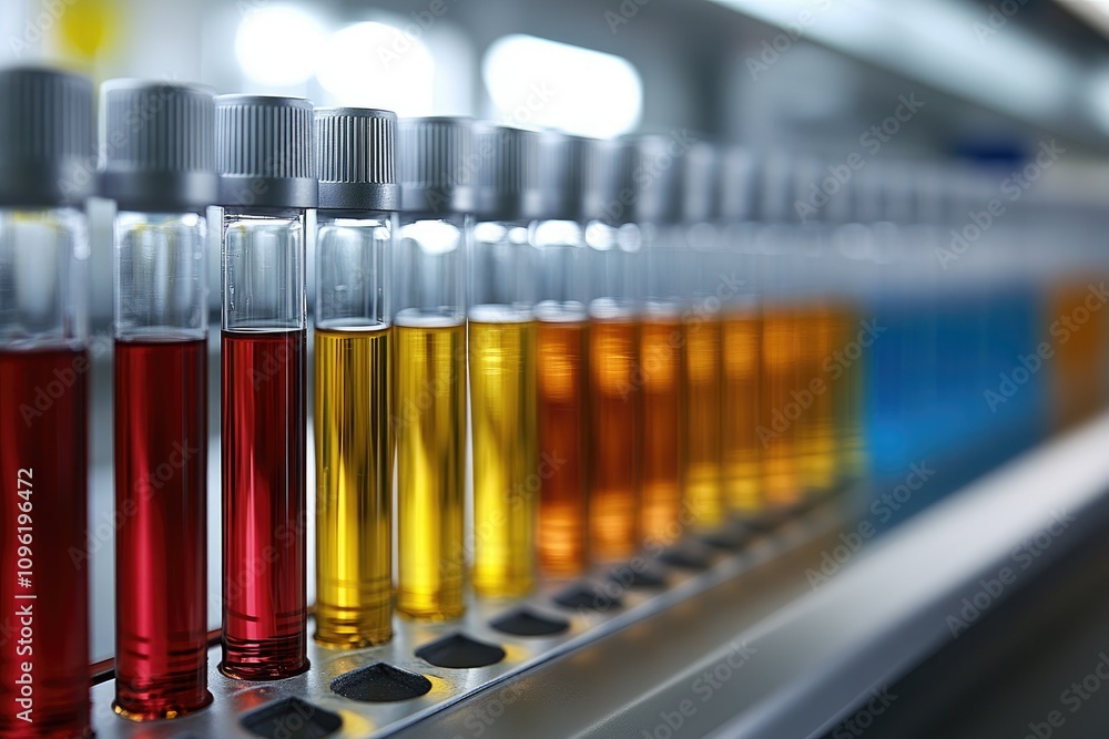 Poster Test tubes containing colorful liquids are arranged on a metal rack in a laboratory setting