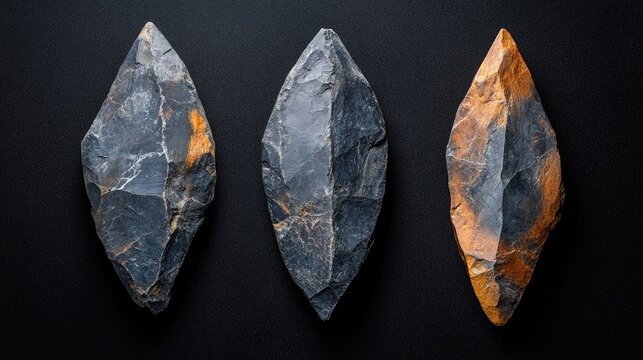 Three prehistoric microliths made of silex displayed on a black background, showcasing their unique shapes and textures from the Paleolithic era.