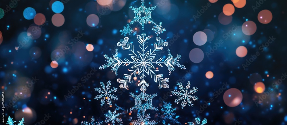 Poster snowflake pattern forming a christmas tree with vibrant bokeh lights in a winter festive background