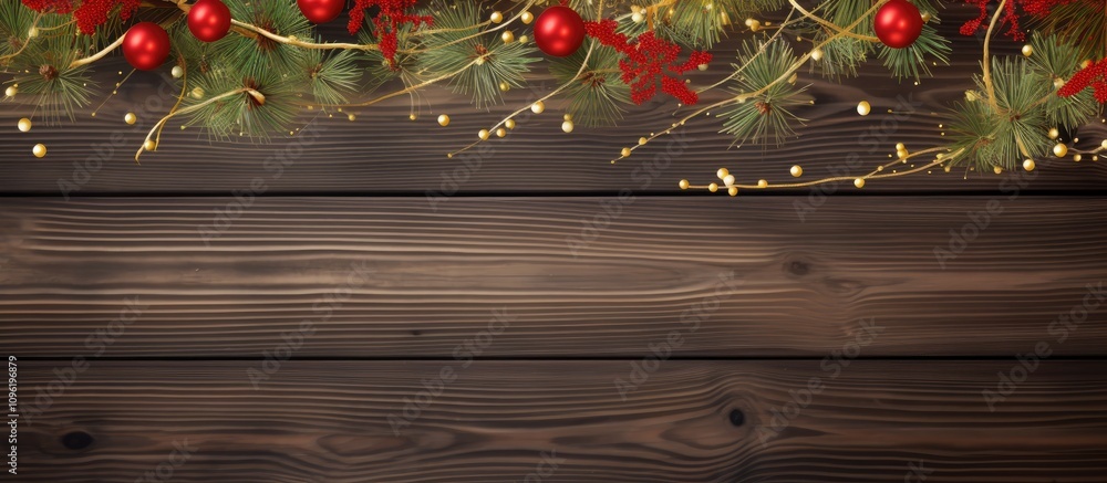 Poster christmas pine branch border with red and gold decorations on a rustic wooden background creating a 