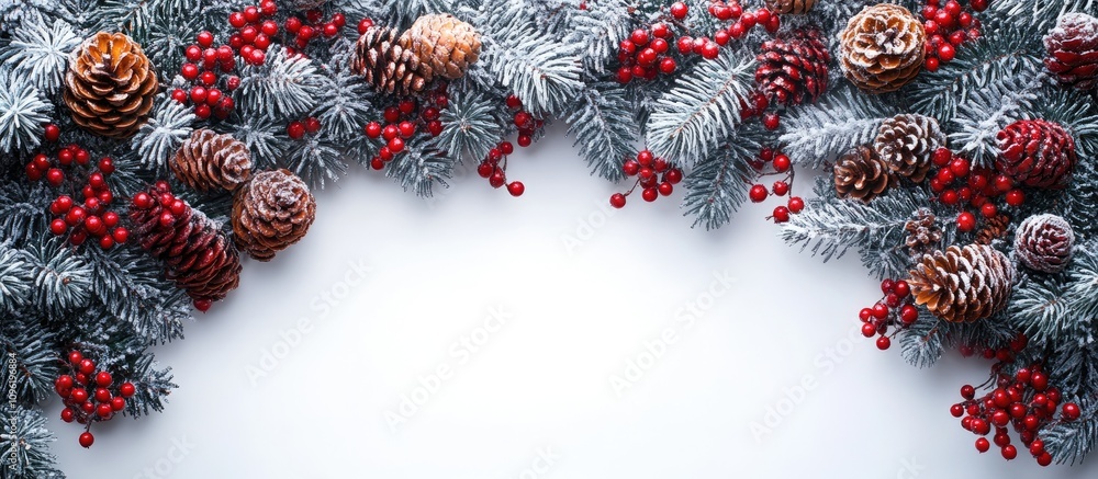 Poster winter festive backdrop with frosted pine branches red berries and pine cones creating a seasonal ar