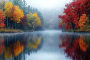 Fototapeta premium Colorful autumn trees reflecting in a misty lake at dawn