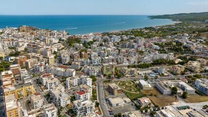 Aerial view of Vieste, in the province of Foggia, Puglia, Italy. It is a tourist destination in...