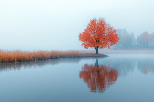 Vibrant red maple tree reflecting in calm lake during misty autumn morning