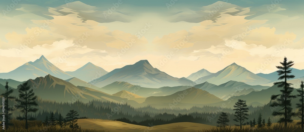Poster scenic landscape with trees and mountains in soft tones under a cloudy sky ideal for nature-related 