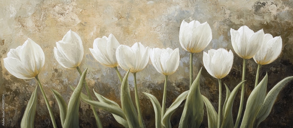Poster delicate white tulips in a row with a textured stone background creating a serene and elegant floral