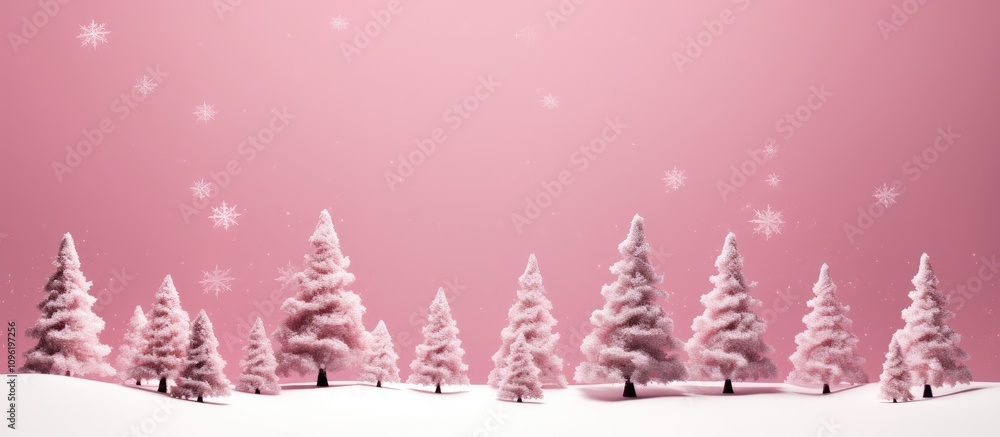 Poster snowy evergreen trees on a soft pink background creating a serene winter landscape with ample copy s
