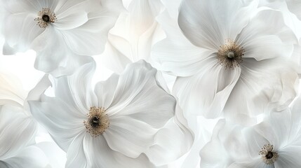 Aesthetic decorative pastel beige white transparent flowers background. Botanical stylized boho wallpaper.