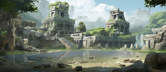 Ancient temple ruins by a serene river reflect a lost civilization's intricate history and artistry surrounded by lush greenery.