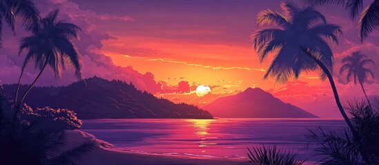 Obraz premium Tropical island sunset with vibrant colors and serene coastline reflected in calm waters adorned by palm trees silhouette.