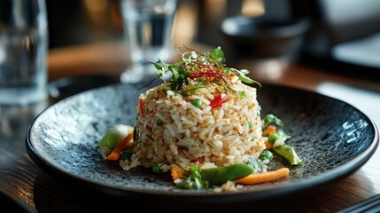 Fried rice beautifully arranged on a dark plate, garnished with fresh herbs and colorful vegetables, showcasing traditional Asian cuisine.