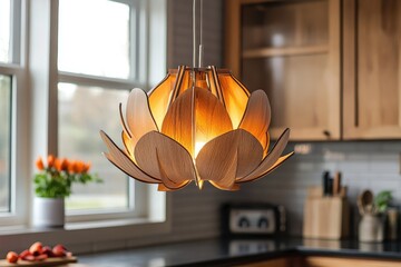 Modern wooden lotus flower lamp illuminating kitchen with warm light