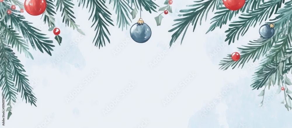 Poster christmas card design with fir branches and ornaments creating a festive border with space for perso