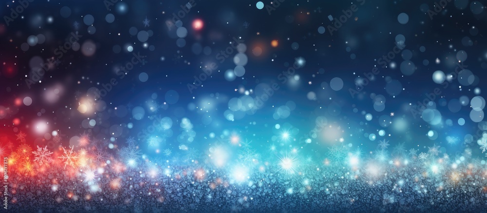 Poster vibrant new year and christmas backdrop with colorful bokeh lights and sparkling snowflakes ideal fo
