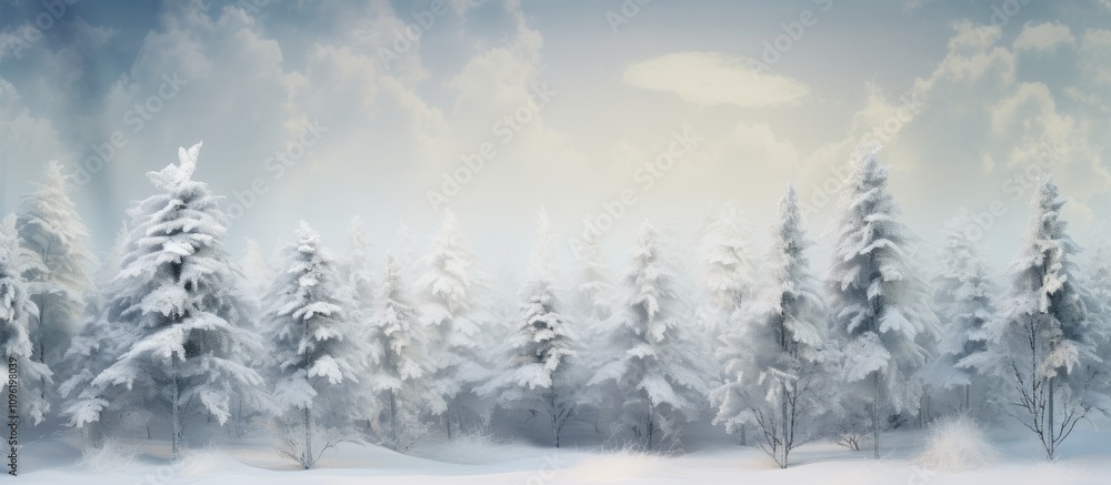 Poster serene winter landscape with frosty pine trees and soft snowfall creating a tranquil backdrop for se
