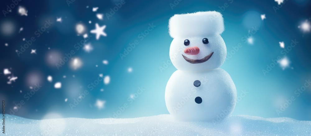 Poster marshmallow snowman with a smiling face on a blurred blue background adorned with soft lights and sp