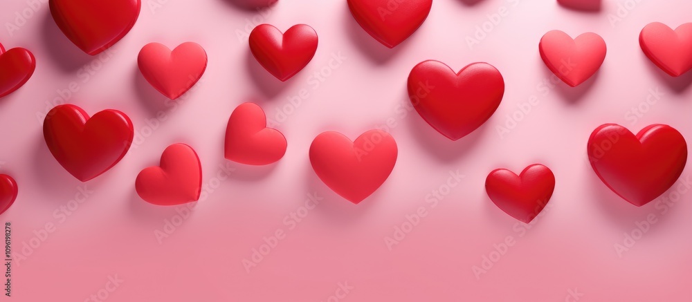 Poster close up of various glossy red hearts scattered on a soft pink background creating a cheerful and ro