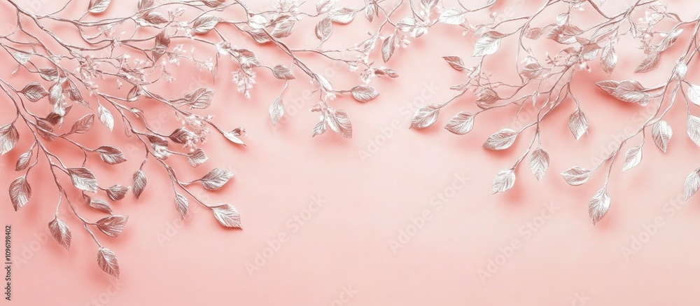 Poster elegant silver twigs and leaves on soft pastel pink background creating a serene and stylish backdro