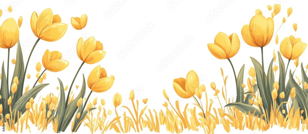 Poster yellow tulips blooming on a white background ideal for spring-themed designs and invitations with sp
