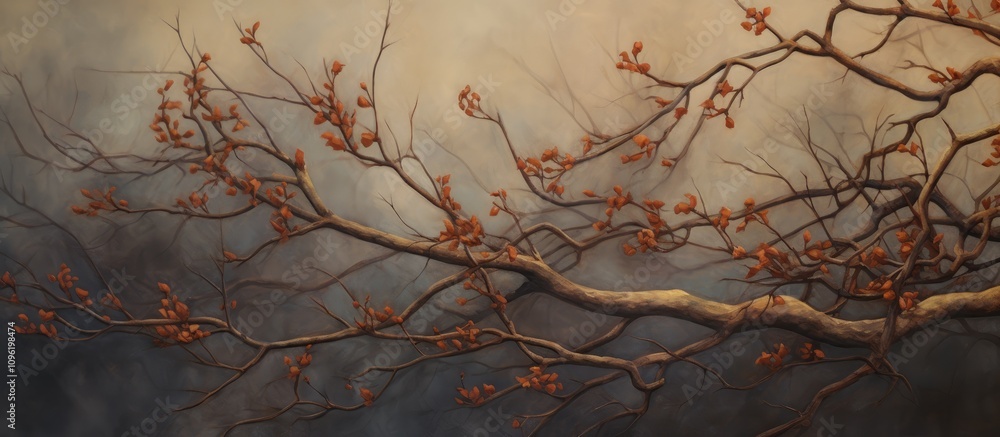 Poster artistic canvas background showcasing intricate branches with delicate leaves against a textured atm