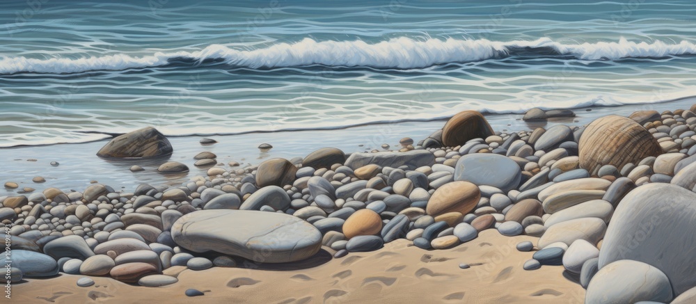 Poster serene beachscape with smooth pebbles and gentle waves creating a tranquil coastal atmosphere