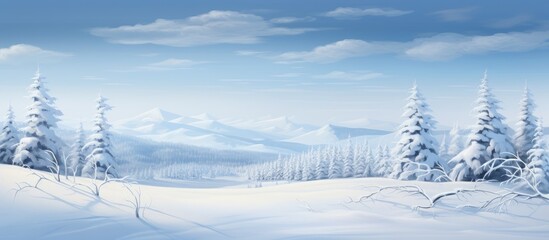 Obraz premium Winter wonderland landscape showcasing snow-covered trees and mountains under a clear blue sky in a serene countryside setting