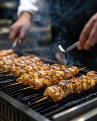 Grilling Delicious Chicken Skewers Over Hot Charcoal, Chef Preparing Appetizing Barbecue for Outdoor Feast in Professional Kitchen