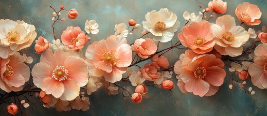 Serene floral arrangement featuring pink and white blossoms against a soft blue background creating a tranquil garden atmosphere.