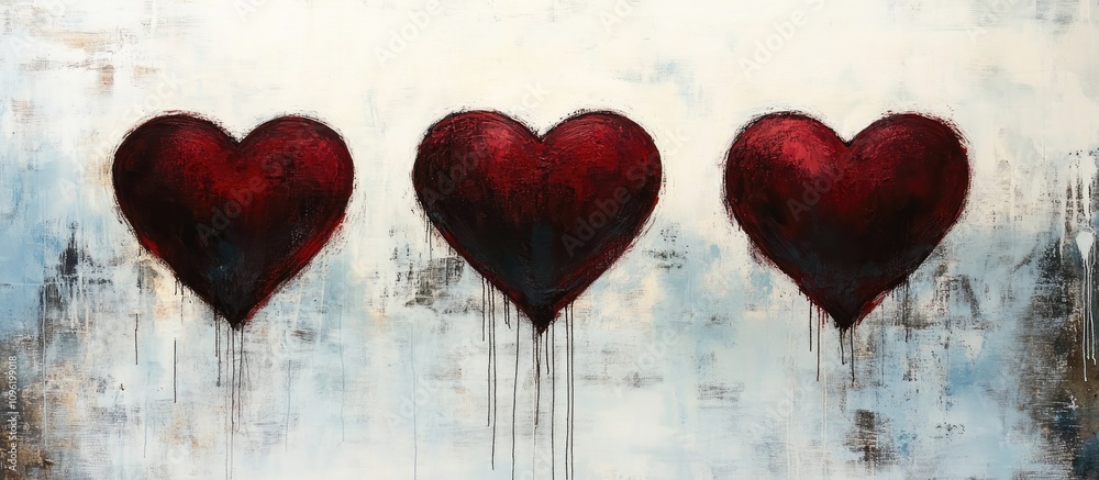 Poster contemporary abstract art featuring three red hearts with a textured background symbolizing love and