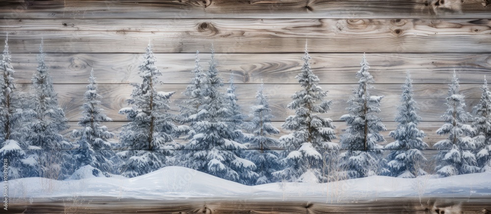 Poster wooden background showcasing a snowy fir tree landscape with intricate patterns and textures for rus