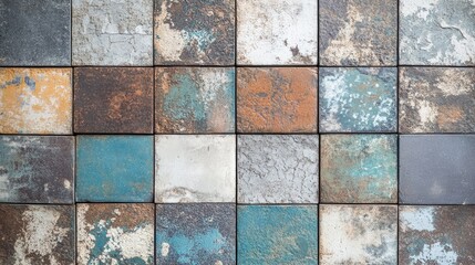 Worn vintage patchwork mosaic tiles in blue, turquoise, gray, and rust hues arranged on a textured stone and cement wall background.