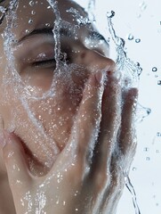 Fototapeta premium Soft-focused image of a person rinsing face, water splash effects frozen in motion, bright studio setting