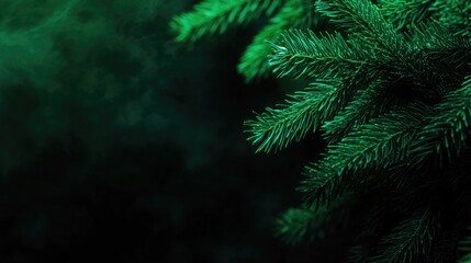 Soft Focused Green Fir Tree Branch with Dark Tones for Vintage Winter Holiday Background Ideal for Seasonal Quotes and Festive Designs